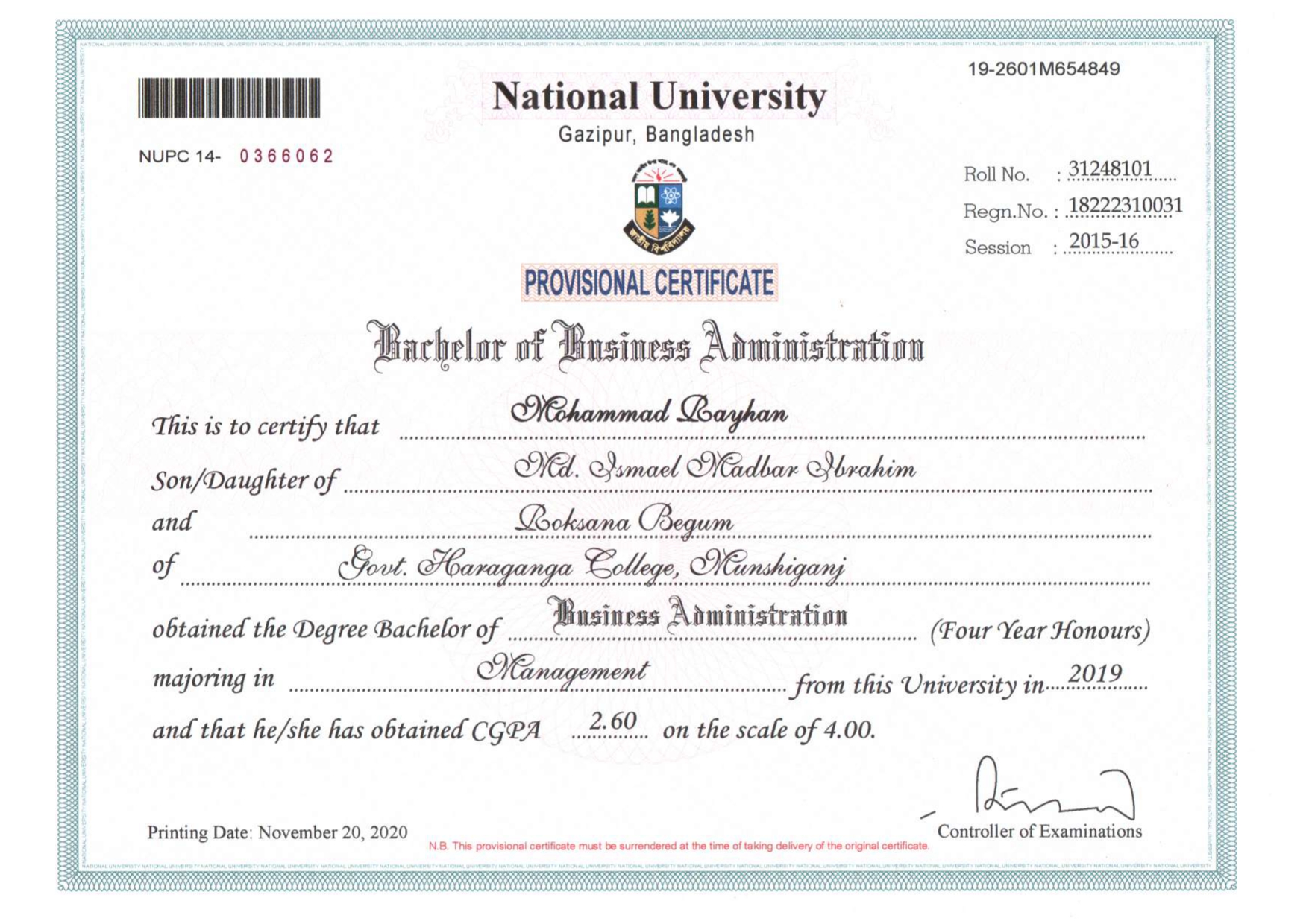 JSC Certificate